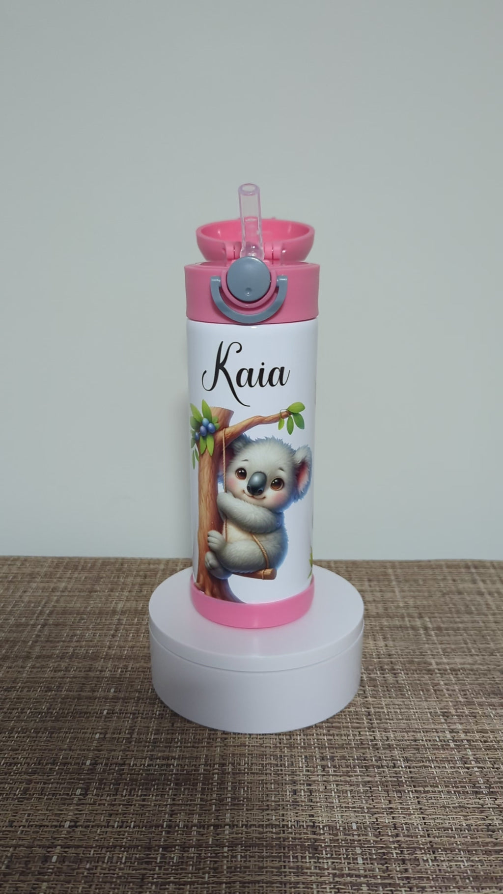 Kids Koala Bear Water Bottle 12oz With Reusable Straw, Can Be Personalized