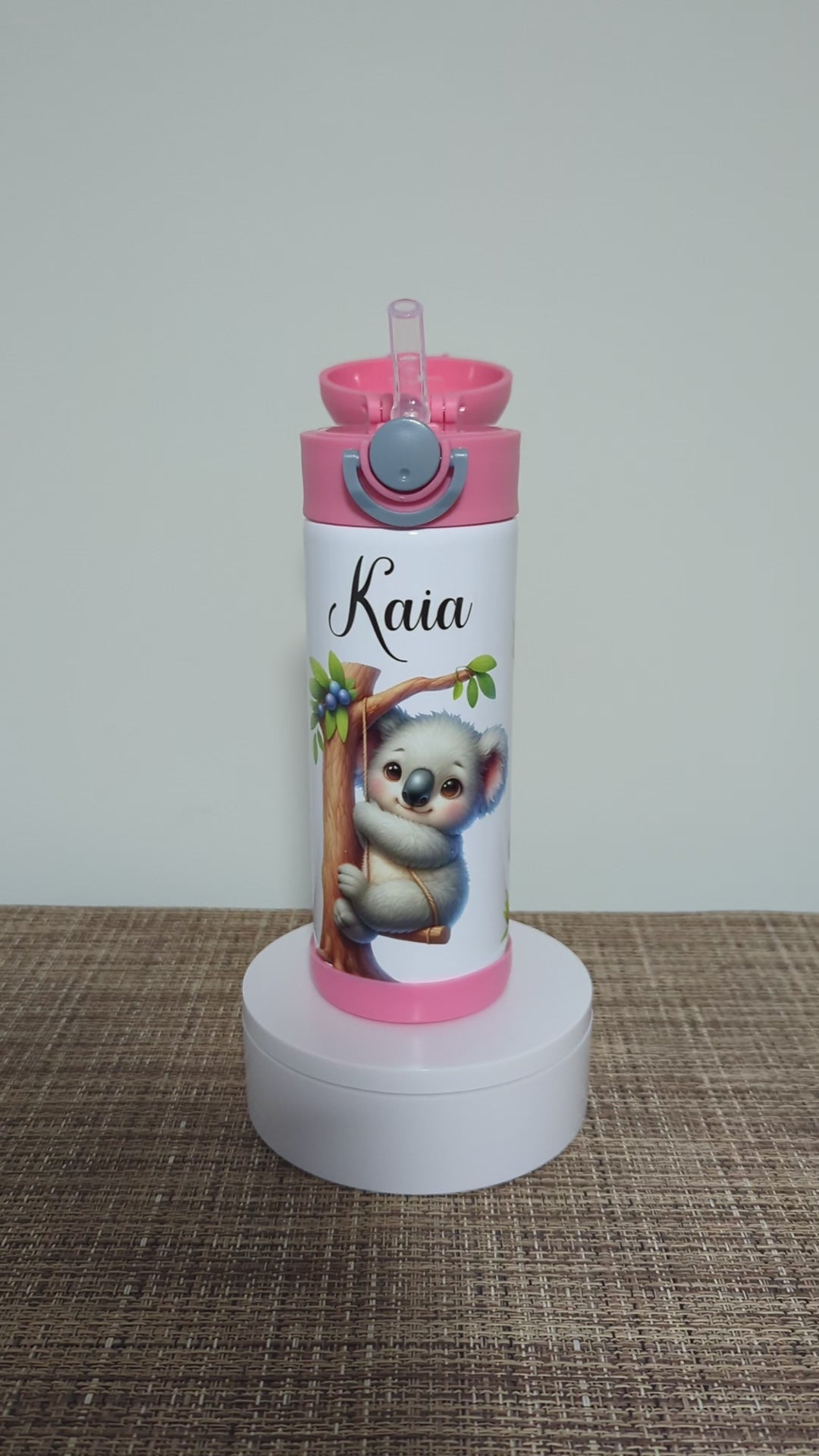 Kids Koala Bear Water Bottle 12oz With Reusable Straw, Can Be Personalized