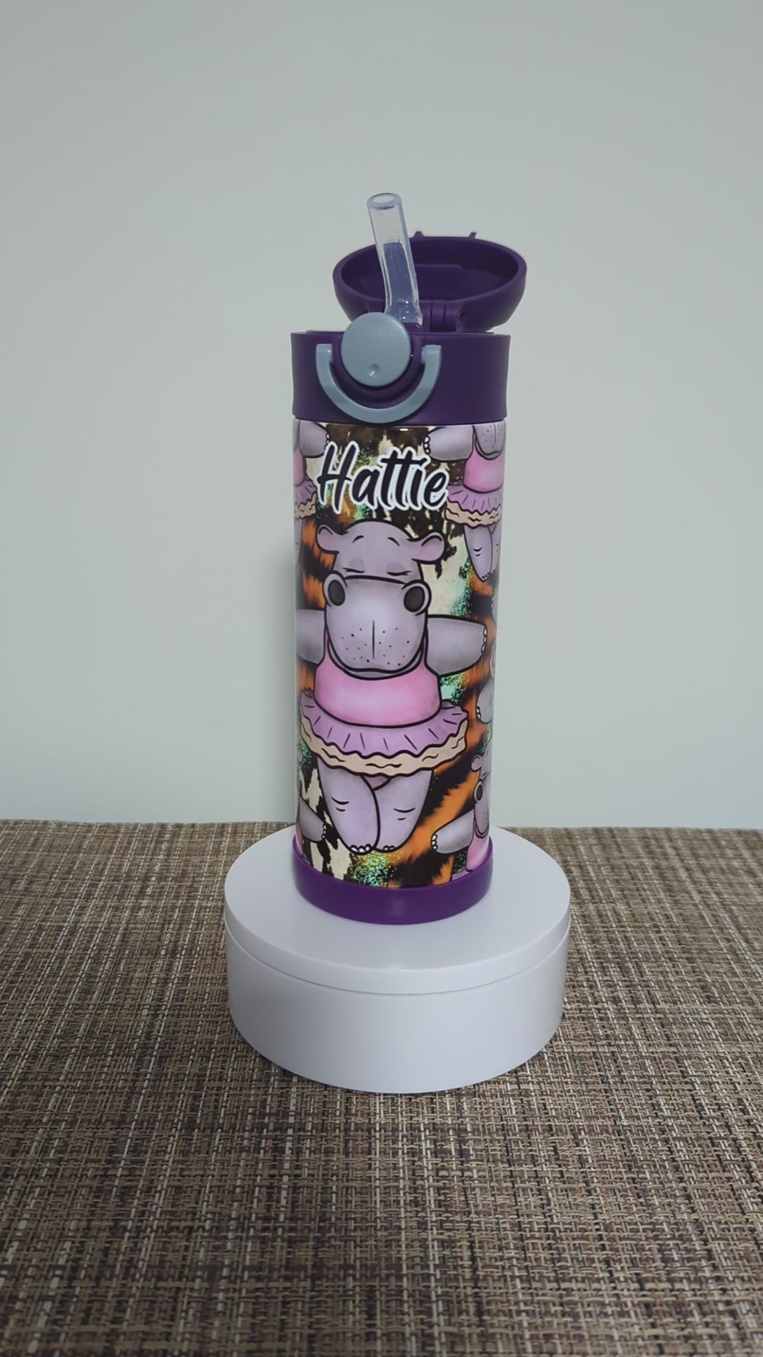 Kids Hippo Water Bottle 12oz With Reusable Straw Can Be Personalized