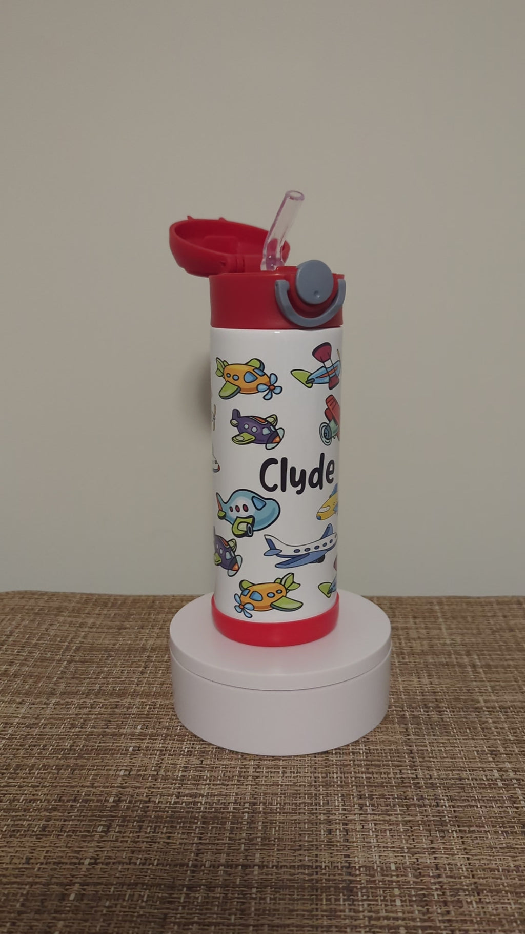 Kids Airplane Water Bottle 12oz With Reusable Straw Can Be Personalized