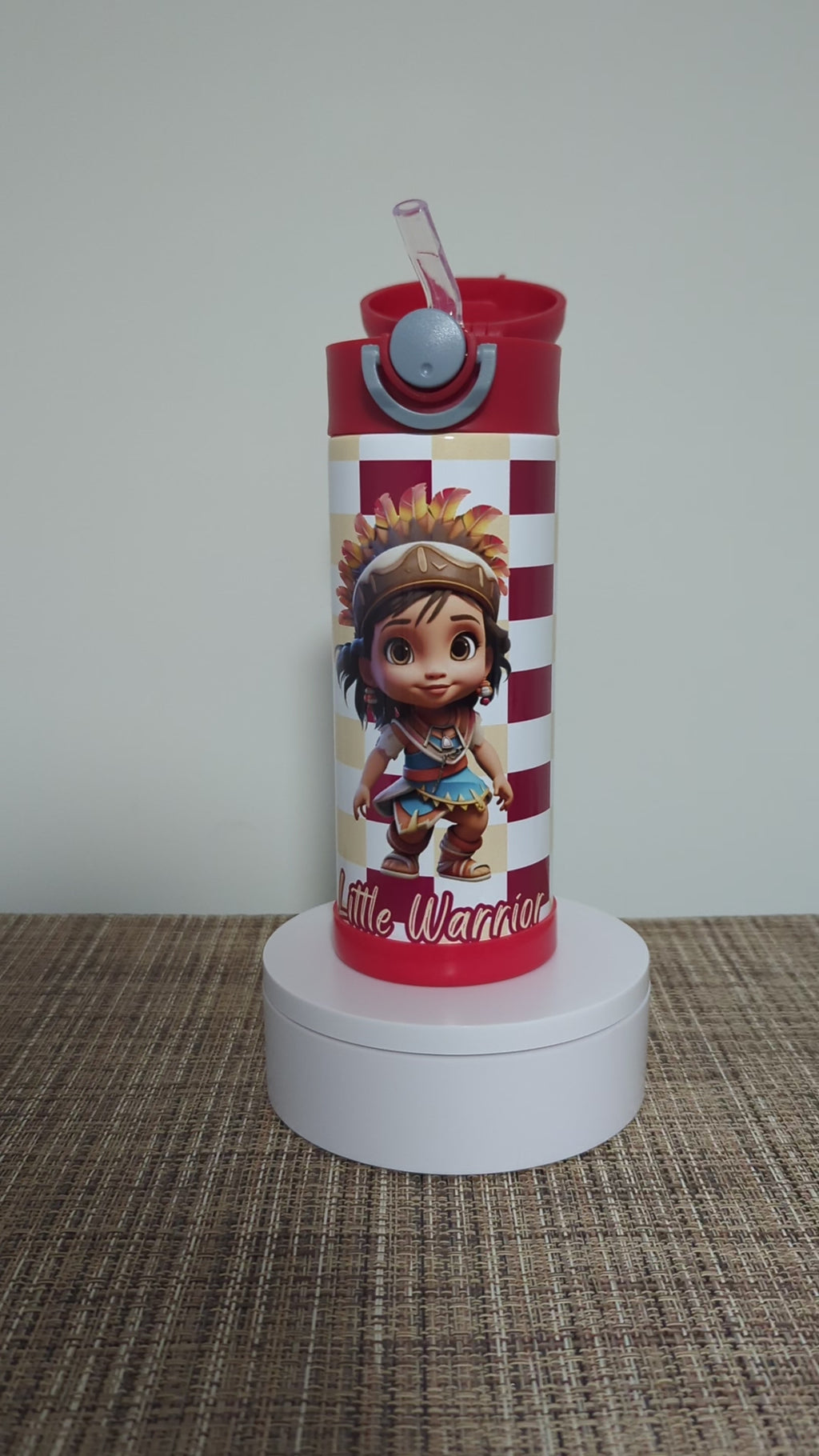 Little Warrior Girl Water Bottle 12oz With Reusable Straw Can Be Personalized
