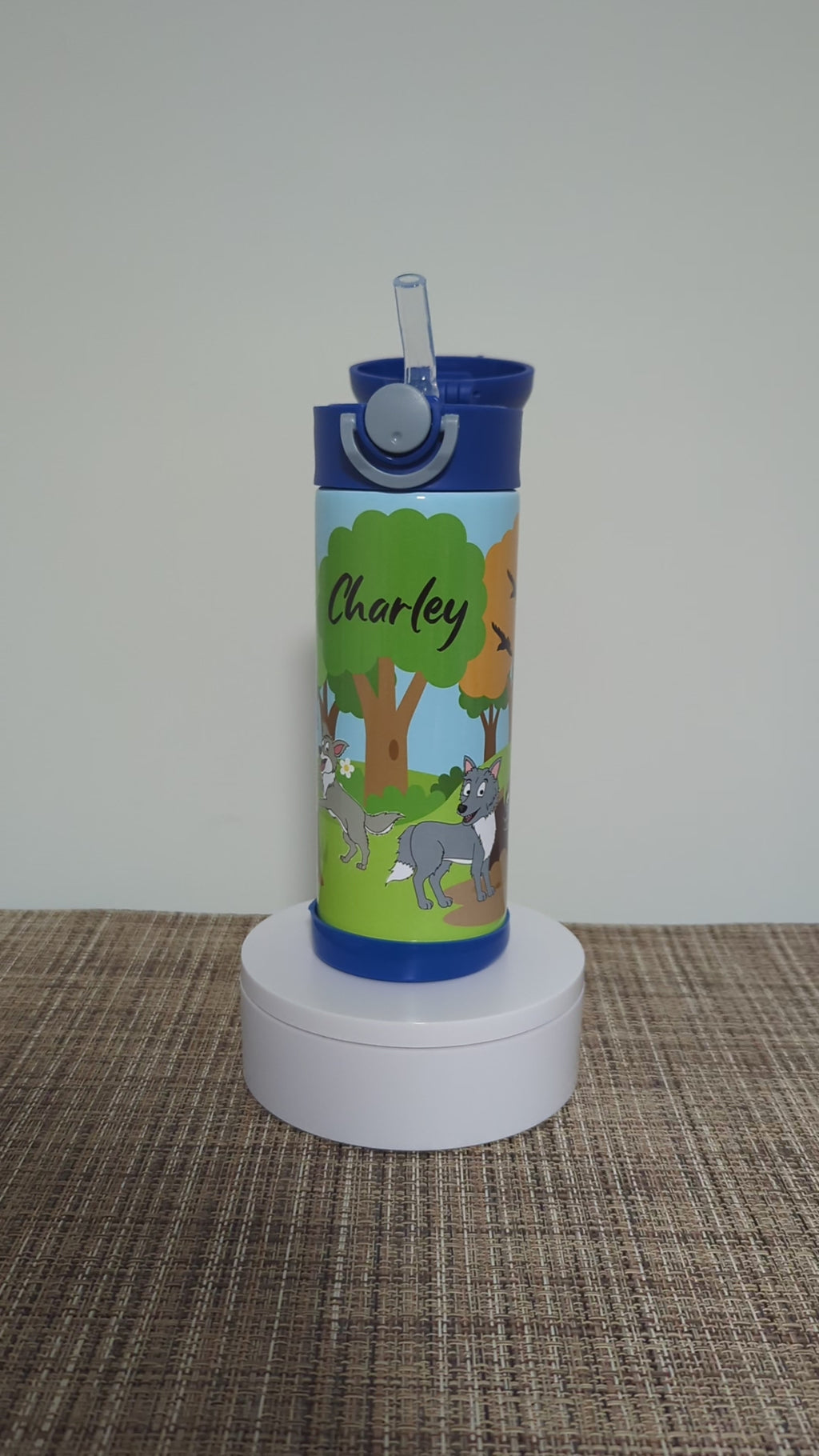 Kids Wolf Water Bottle 12oz With Reusable Straw, Can Be Personalized
