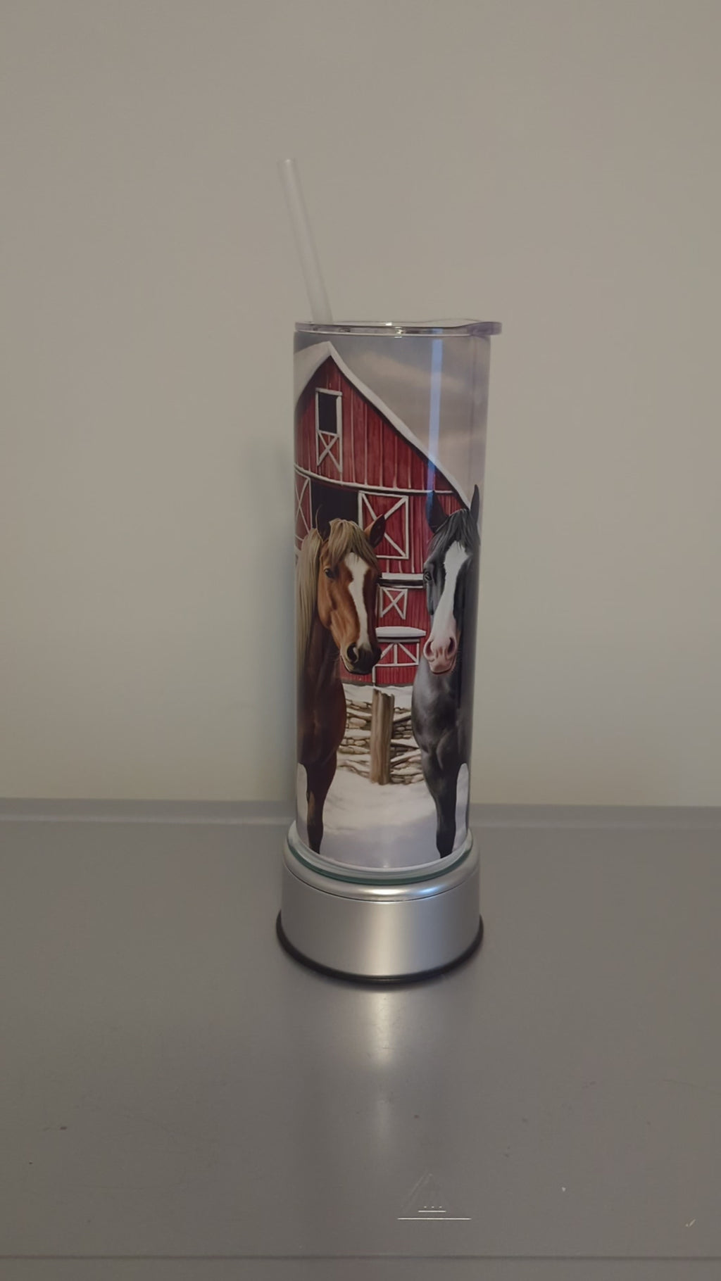 Horse Tumbler with Horses By the Barn and a Snow Scene Background 20oz With Reusable Straw, Can Be Personalized