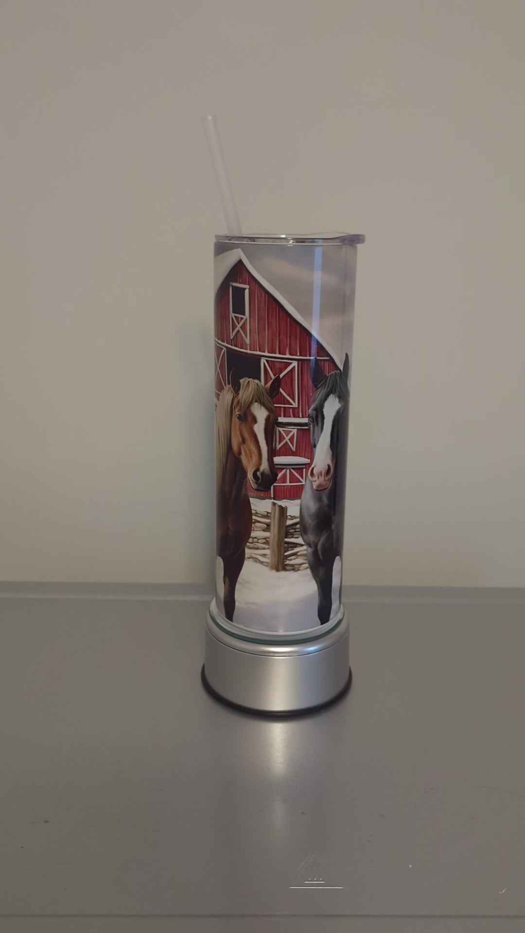 Horse Tumbler with Horses By the Barn and a Snow Scene Background 20oz With Reusable Straw, Can Be Personalized