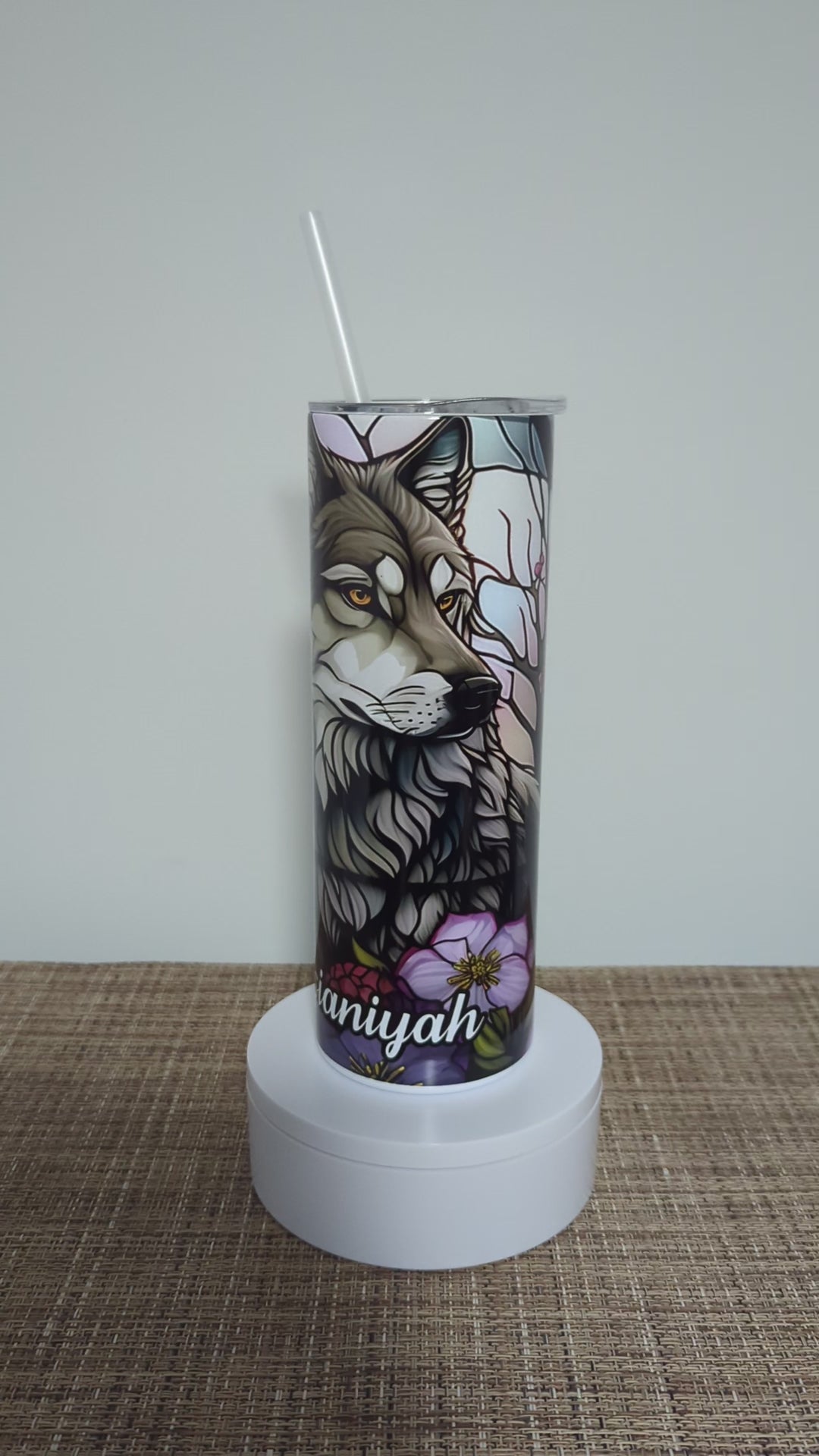 Wolf Tumbler With Flowers and A Stained Glass Design 20oz With Reusable Straw, Can Be Personalized