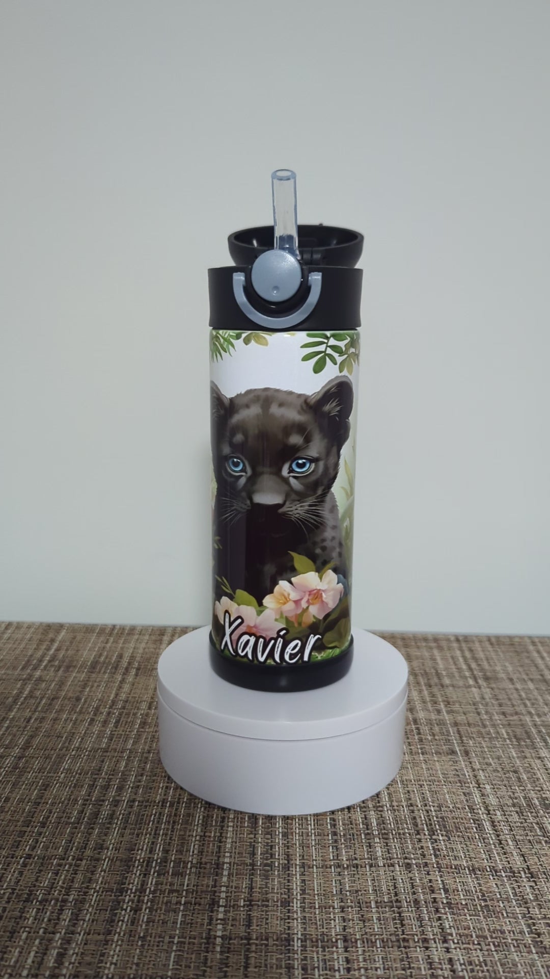 Kids Black Panther Water Bottle 12oz With Reusable Straw Can Be Personalized