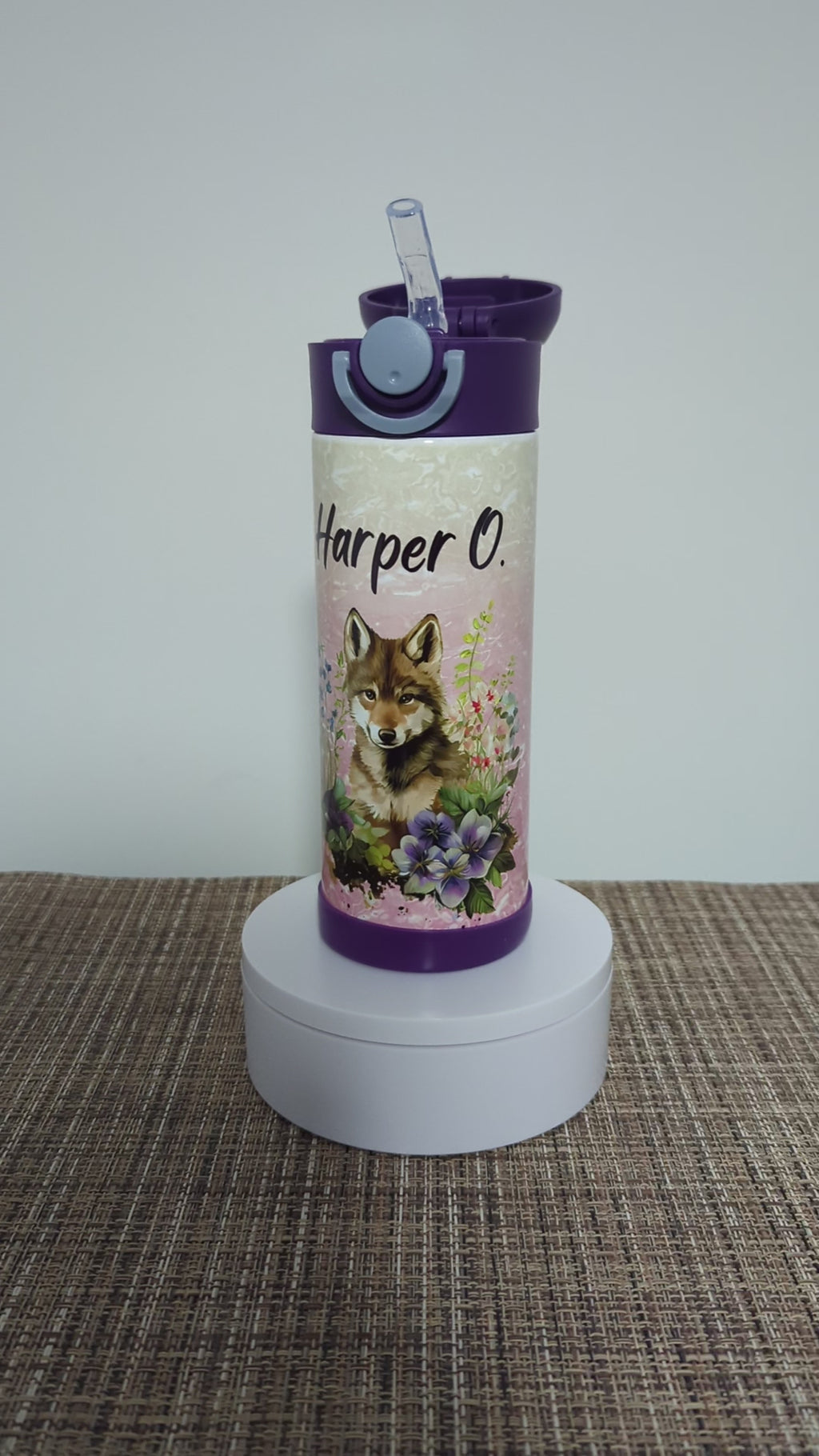 Kids Wolf Water Bottle 12oz With Reusable Straw Can Be Personalized