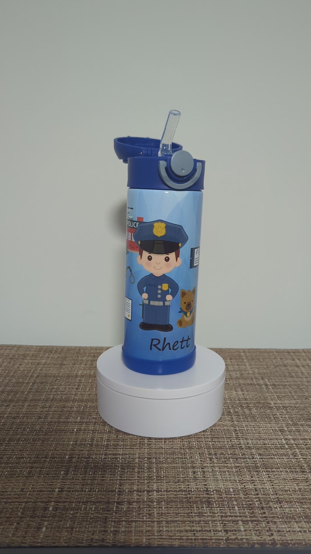 Kids Boy Cop Water Bottle 12oz With Reusable Straw Can Be Personalized