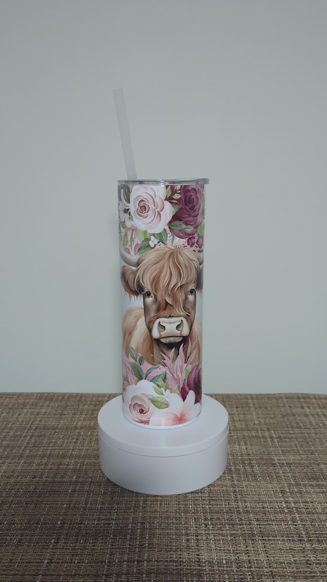 Floral Highland Cow Tumbler 20oz With Reusable Straw, Can Be Personalized