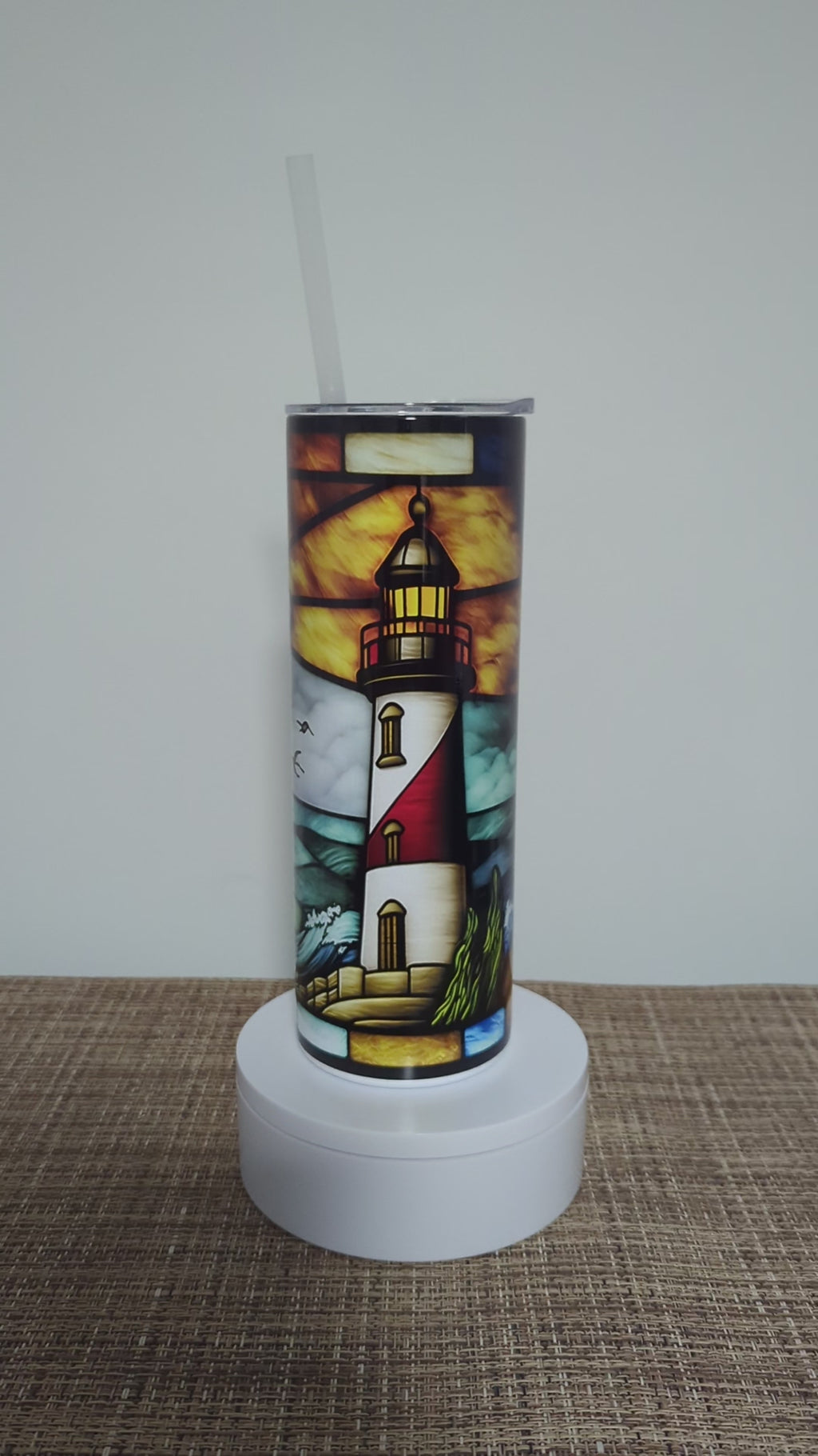 Beautiful Lighthouse Tumbler With A Stained Glass Design 20oz With Reusable Straw, Can Be Personalized