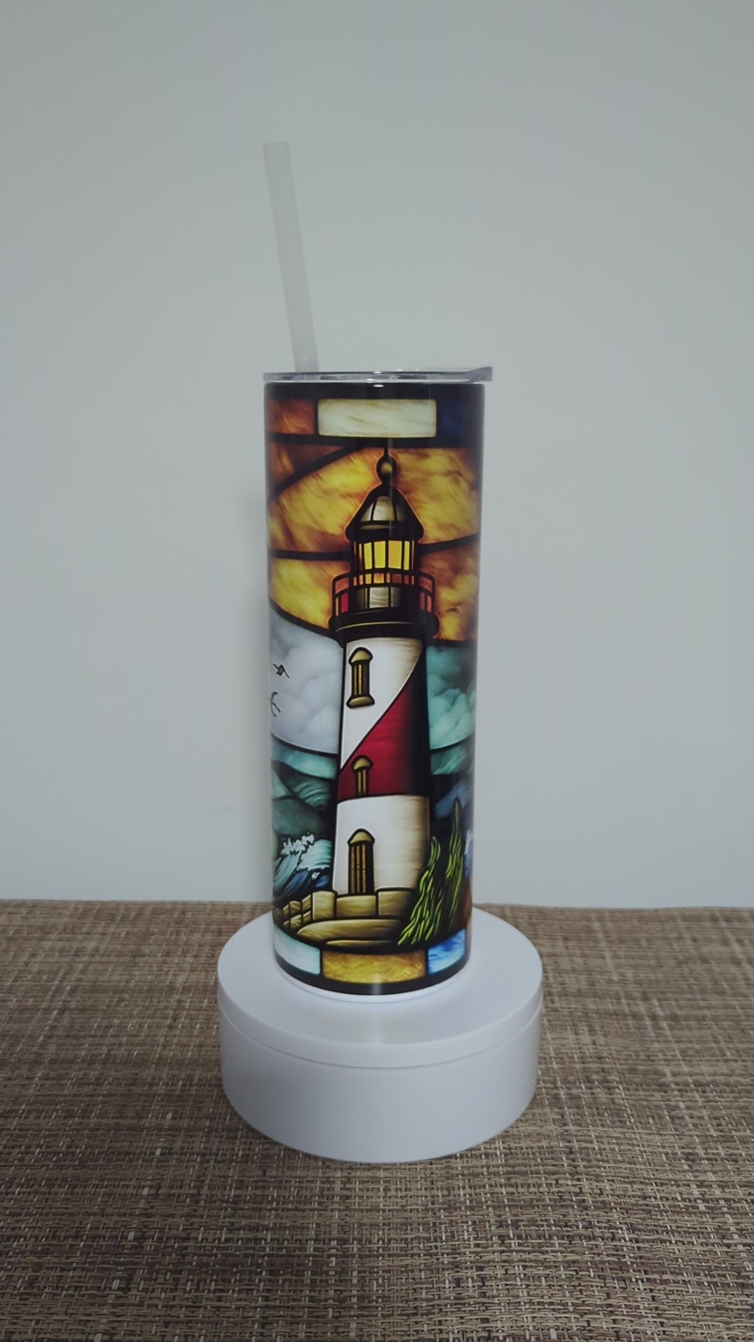 Beautiful Lighthouse Tumbler With A Stained Glass Design 20oz With Reusable Straw, Can Be Personalized