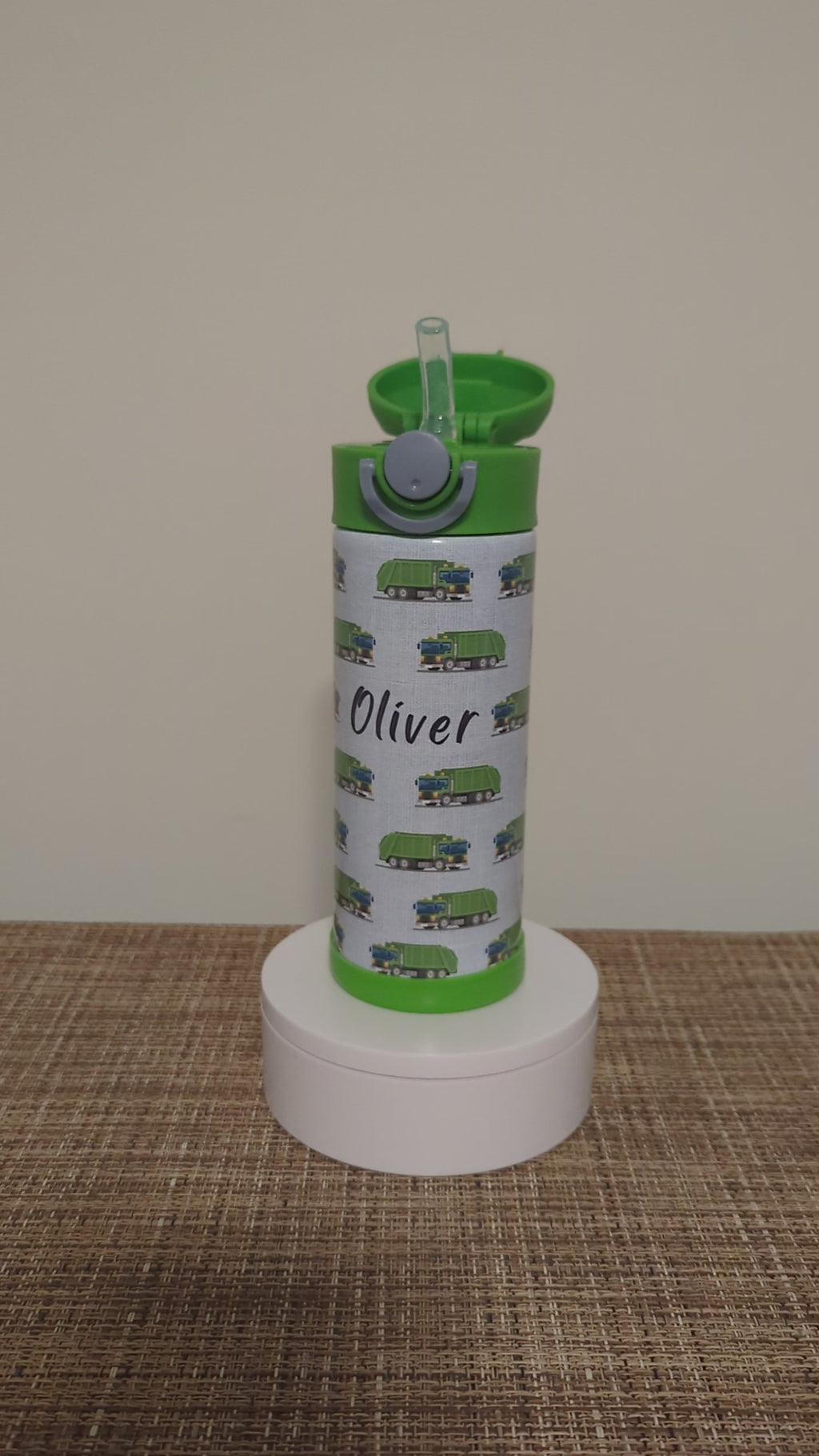 Kids Garbage Truck Water Bottle 12oz With Reusable Straw, Can Be Personalized