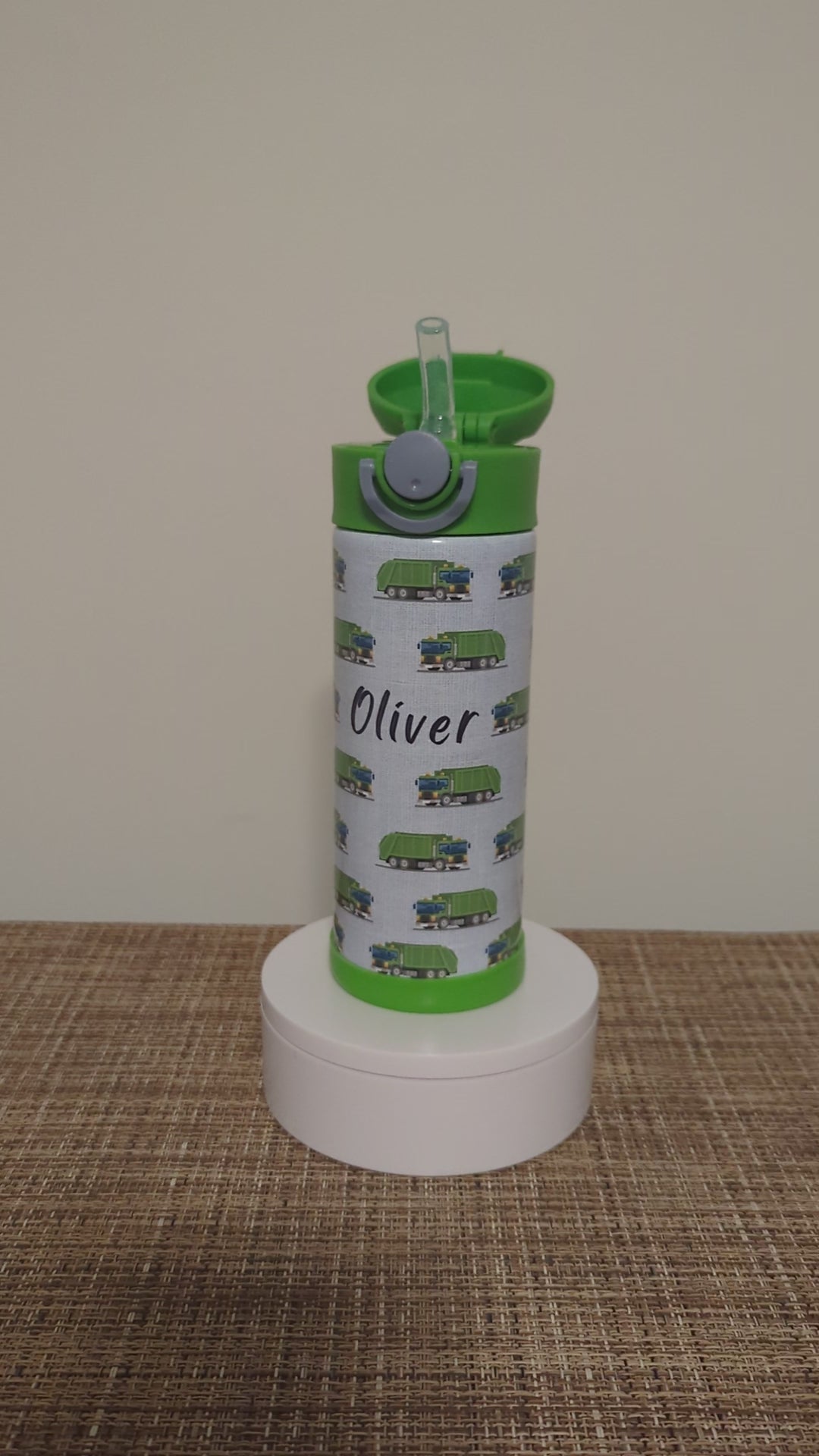Kids Garbage Truck Water Bottle 12oz With Reusable Straw, Can Be Personalized
