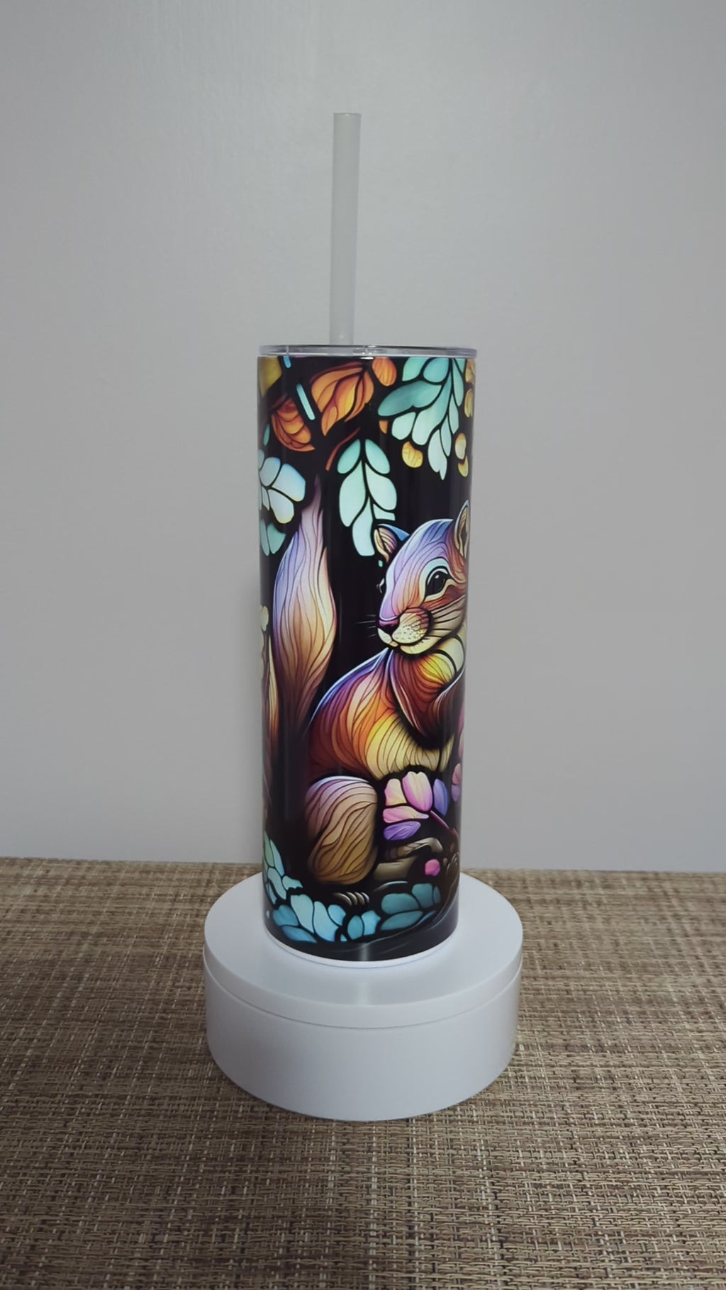 Squirrel Tumbler With A Stained Glass Design 20oz With Reusable Straw, Can Be Personalized