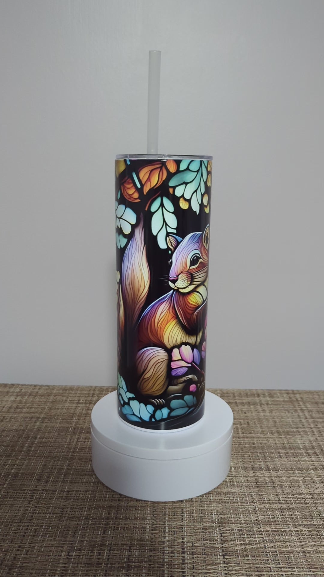 Squirrel Tumbler With A Stained Glass Design 20oz With Reusable Straw, Can Be Personalized
