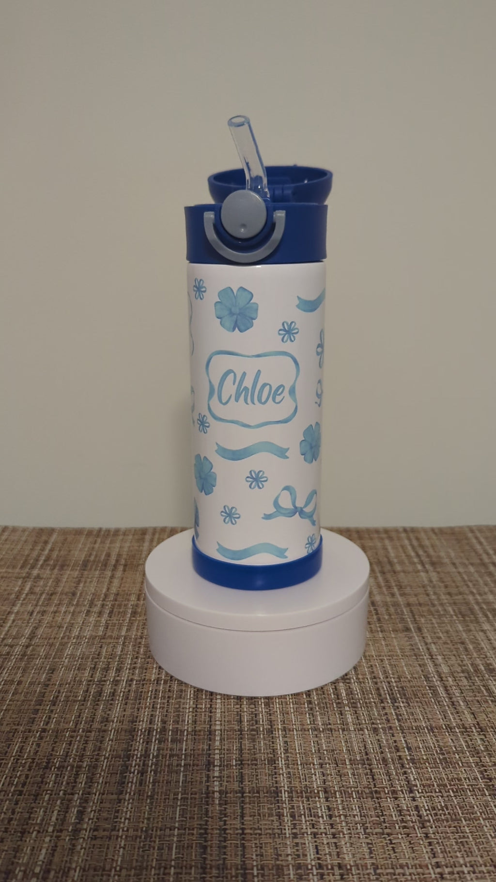 Kids Bow and Flowers Water Bottle 12oz With Reusable Straw Can Be Personalized