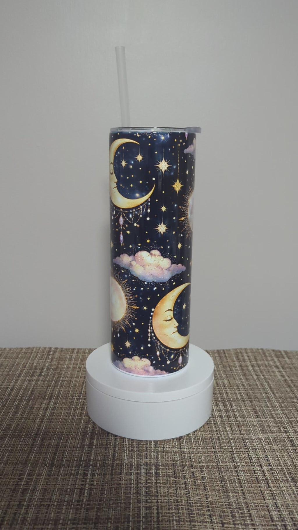 Nighttime Blue Tumbler - Moon, Sun & Clouds 20oz With Reusable Straw, Can Be Personalized