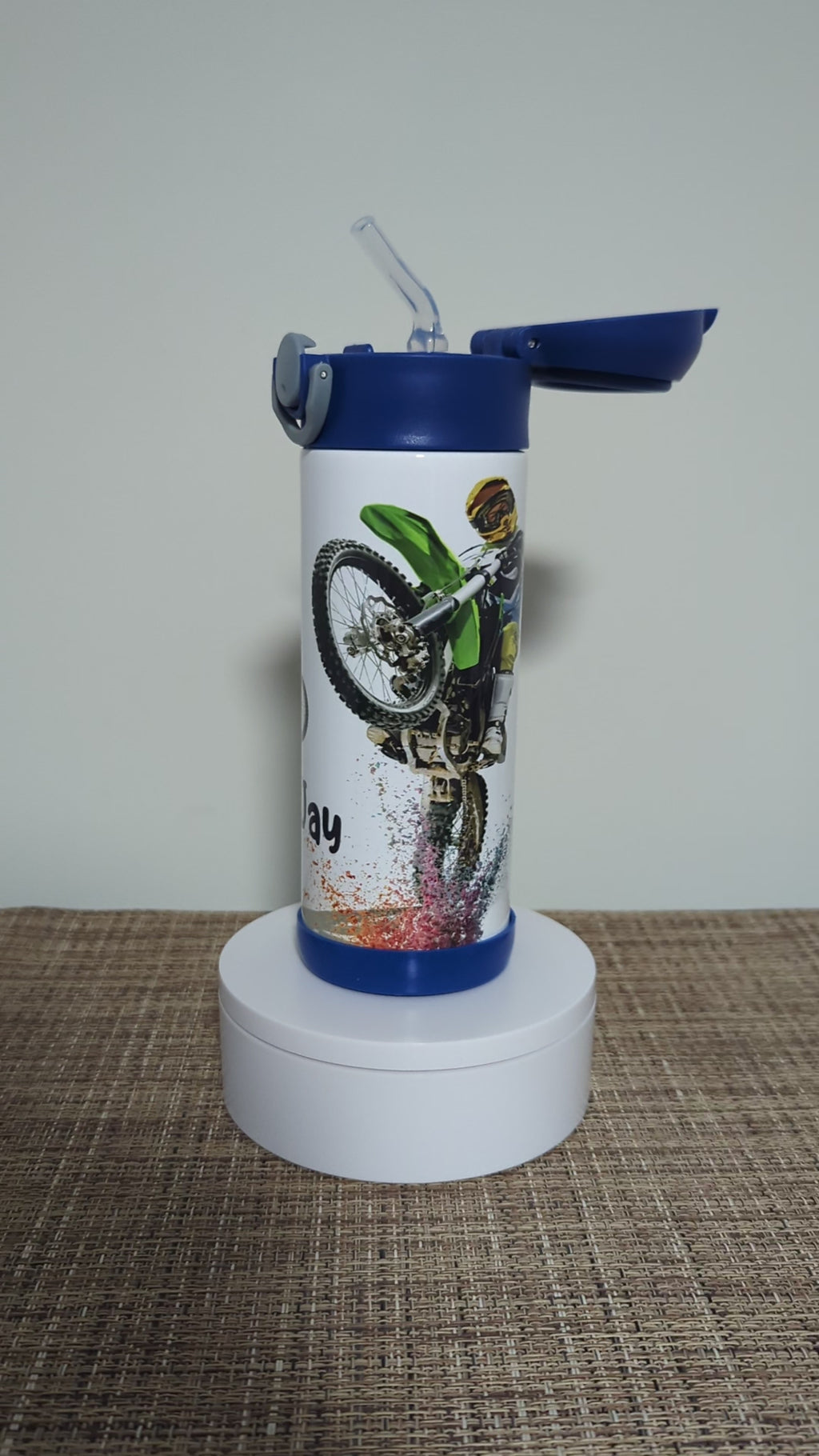Kids Dirt Bike Water Bottle 12oz With Reusable Straw Can Be Personalized