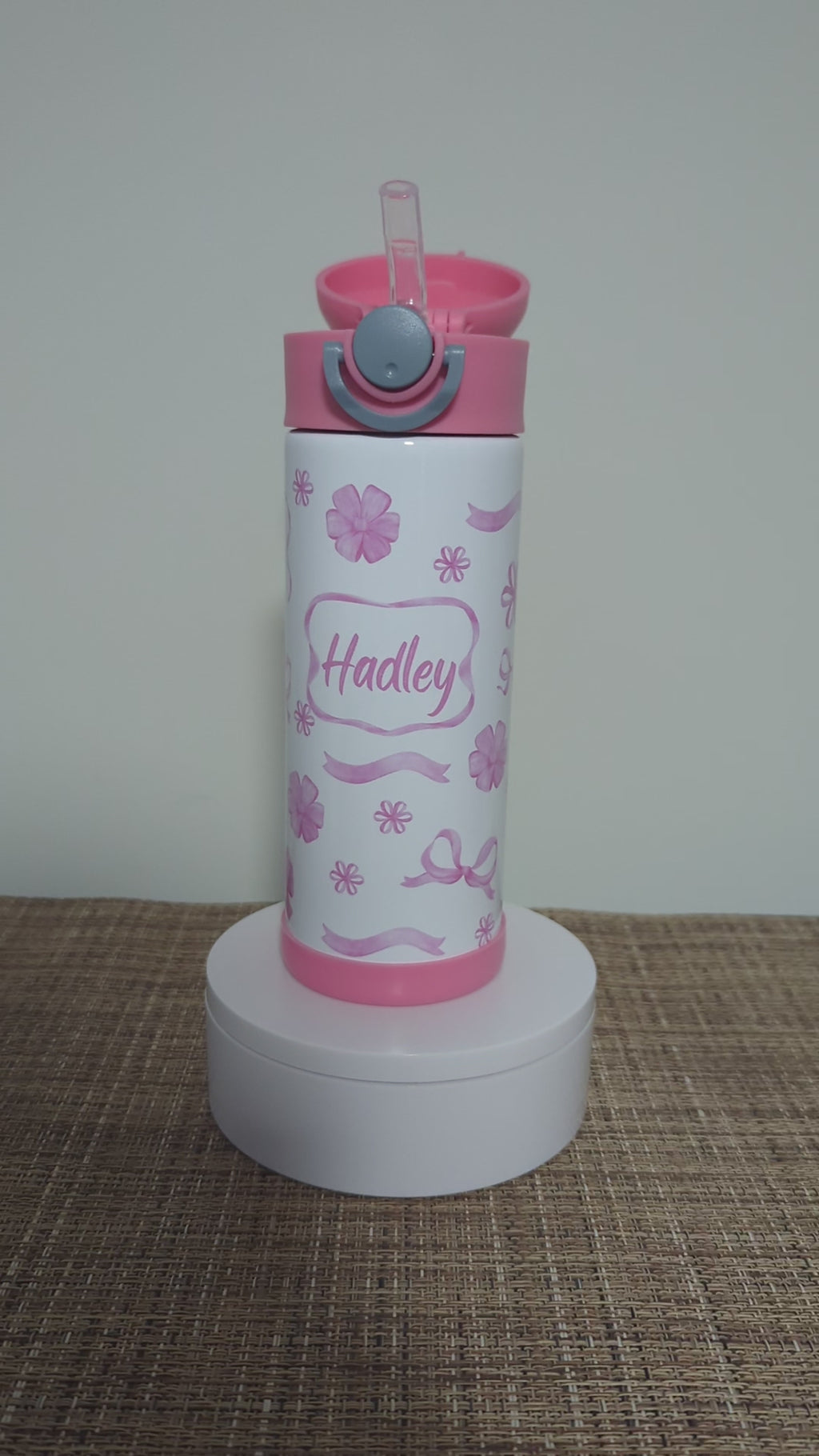 Kids Bow and Flowers Water Bottle 12oz With Reusable Straw Can Be Personalized
