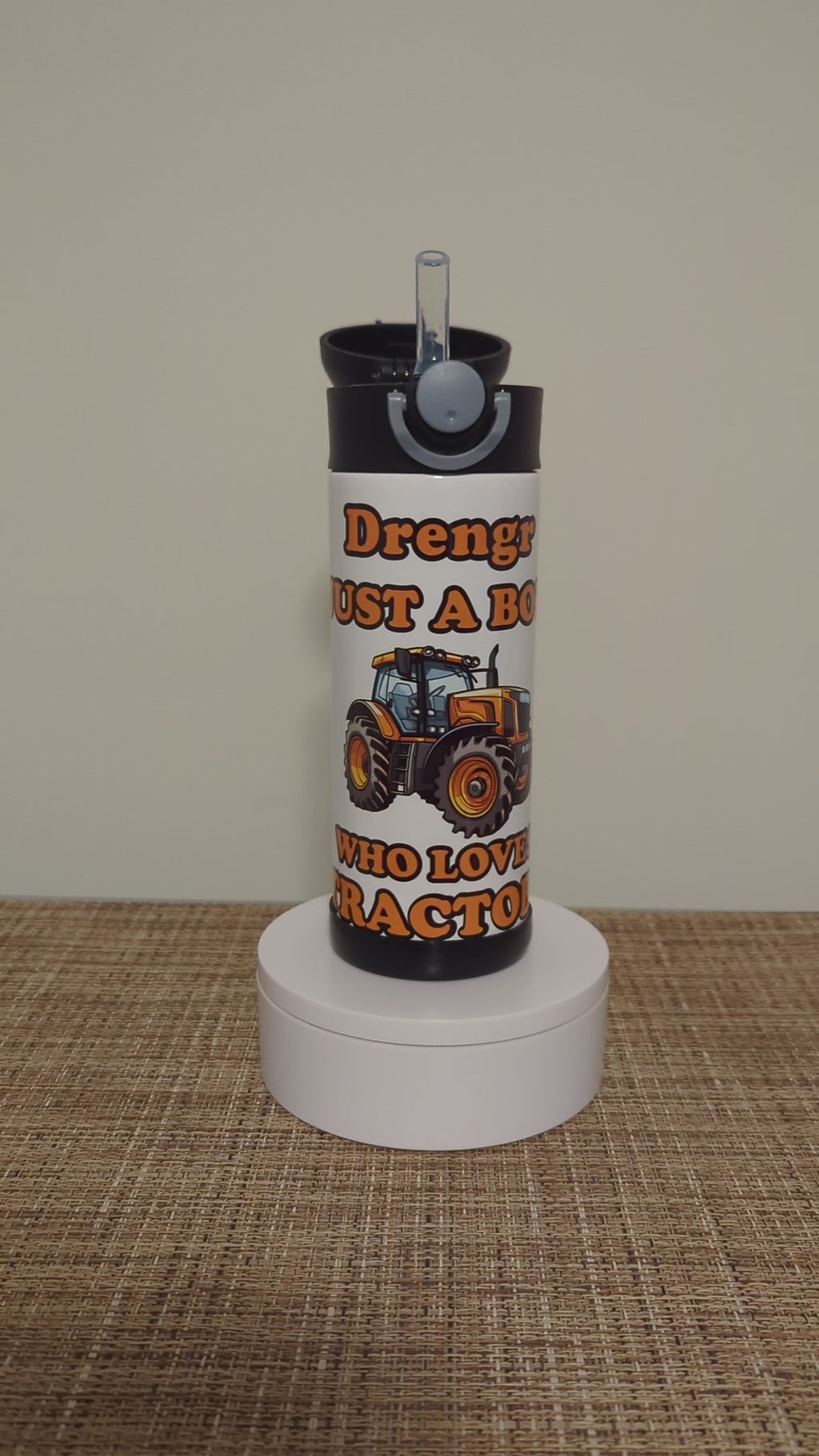 Kids Tractor Water Bottle, Just A Boy Who Loves Tractors 12oz With Reusable Straw, Can Be Personalized