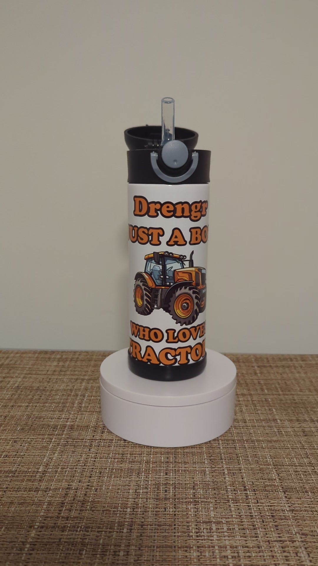 Kids Tractor Water Bottle, Just A Boy Who Loves Tractors 12oz With Reusable Straw, Can Be Personalized