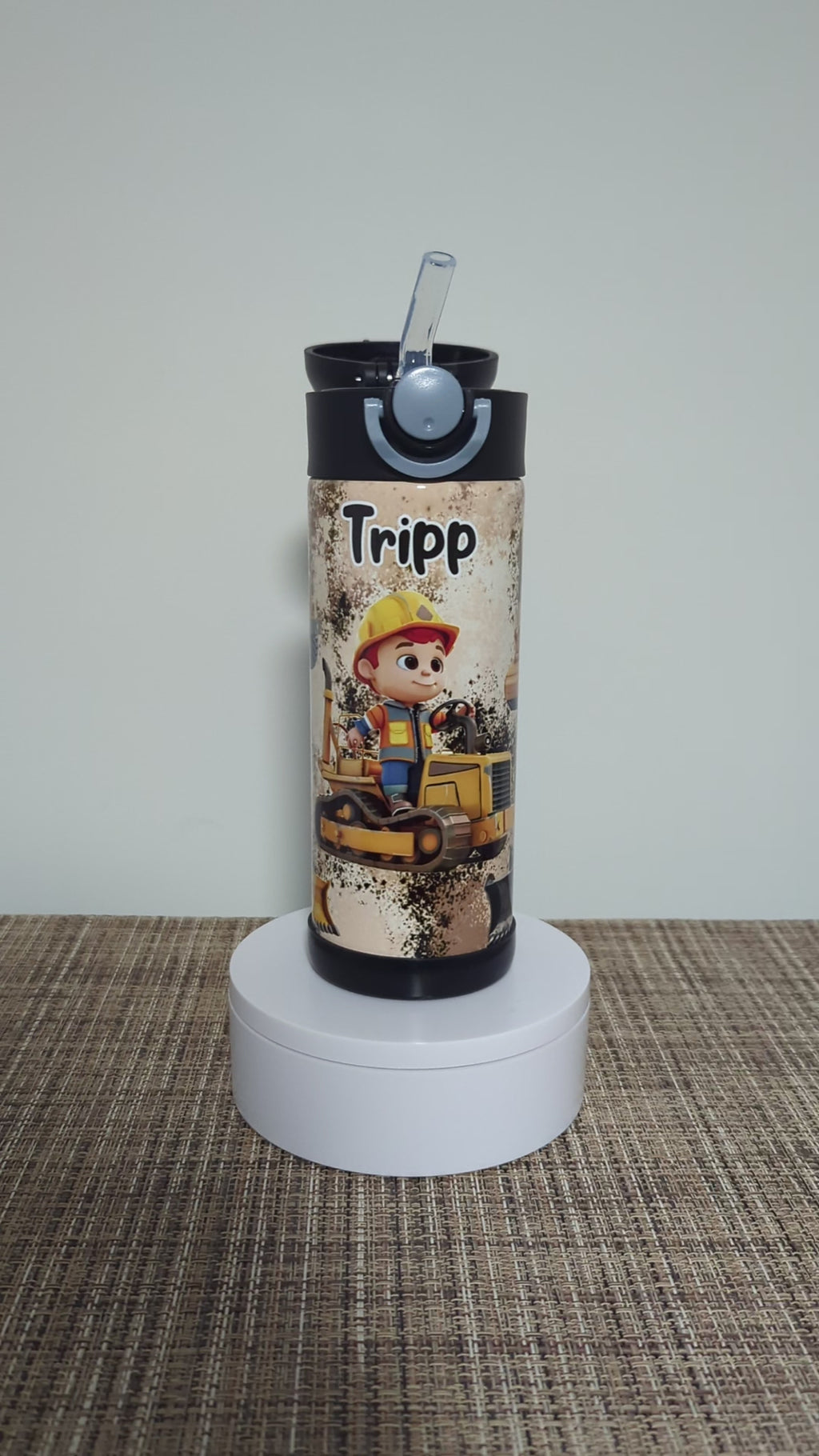 Kids Construction Water 12oz With Reusable Straw Can Be Personalized