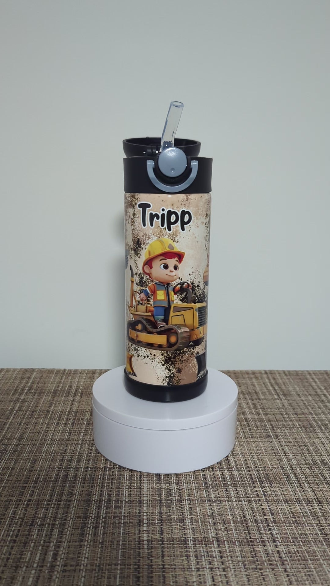 Kids Construction Water 12oz With Reusable Straw Can Be Personalized