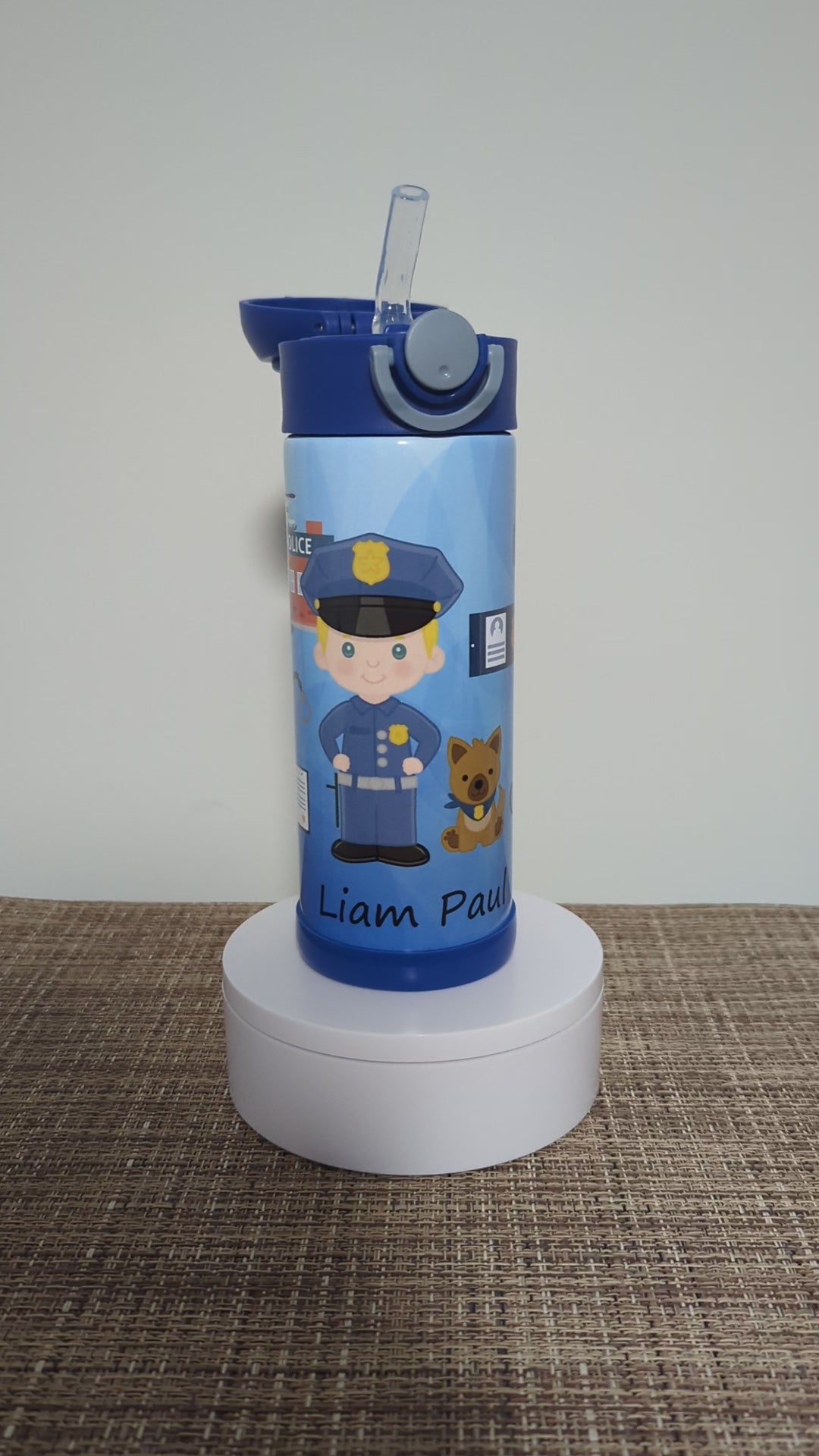Kids Boy Cop Water Bottle 12oz With Reusable Straw Can Be Personalized