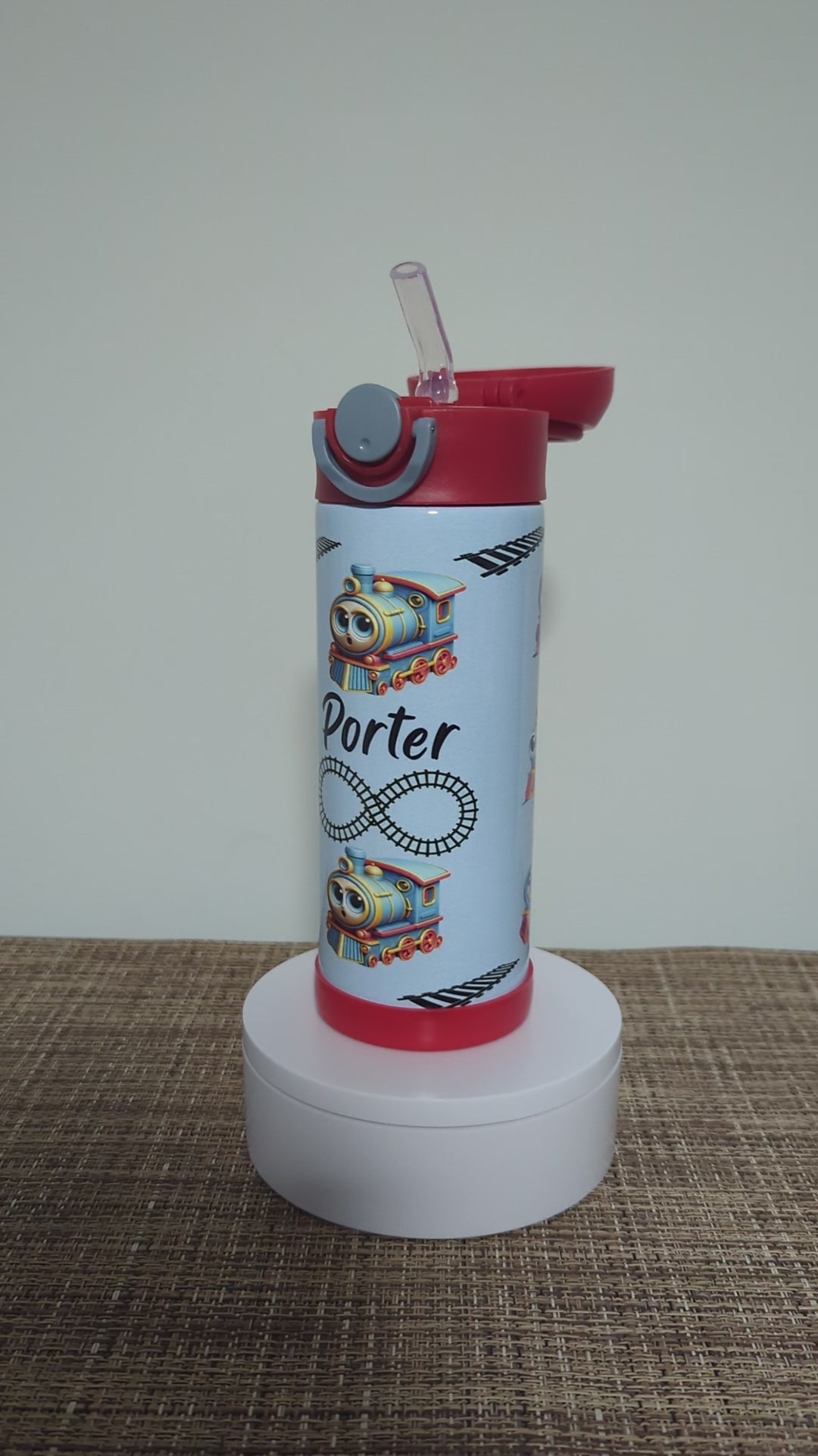 Kids Train Water Bottle With Blue Trains 12oz With Reusable Straw Can Be Personalized