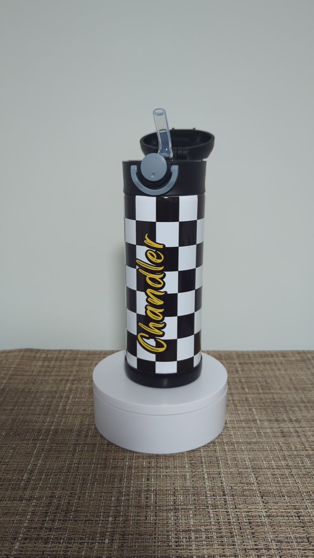 Kids Checkered Lightning Bolt Water Bottle 12oz With Reusable Straw Can Be Personalized