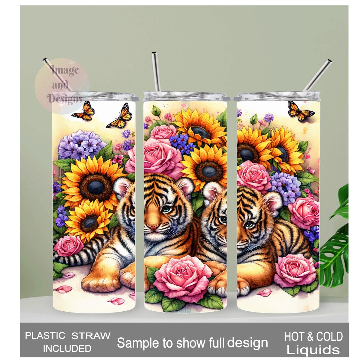 Tiger Cub Tumbler With Flowers 20oz With Reusable Straw, Can Be Personalized